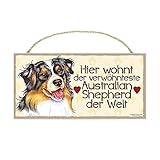 AUSTRALIAN SHEPHERD - Haustierschild mit Spruch und realistischer Grafik. Als Tür, Torschild, Wanddekoration geeignet. Für Innen und geschützten Außenbereich.