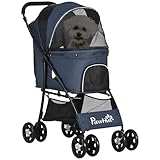 PawHut Hundewagen, faltbarer Hundebuggy, Hundetrolley mit Kissen, Katzenbuggy, Katzenwagen mit 4 Rädern, Netzfenster, Stauraum für kleine Hunde, Katzen, 600D Oxford, Marineblau