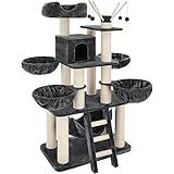 tectake Katzenbaum XXL, Kratzbaum groß, 195 cm, Kratzbaum deckenhoch, Kletterbaum mit Liegemulden, Hängematte, Treppe und Höhle, stabile Säulen mit Sisal, Spielbaum für Katzen - grau/weiß