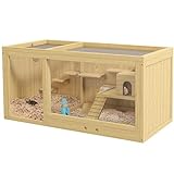 PawHut Hamsterkäfig aus Holz, 100 cm Kleintierstall, Kleintierkäfig Spielhaus für Gerbils Nagerkäfig mit Schaukeln, Leitern, zu öffnendes Dach, Hütte, Natur