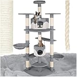 tectake® XXL Kratzbaum für Katzen, Katzenkratzbaum groß, mit Zubehör Katzenspielzeug Kordel, Liegemulde, 2X Katzenhöhle, Katzenbaum mit Kratzsäule aus Sisalseil, deckenhoch - grau/weiß