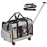 FASNATI Transporttasche mit Zwei Fächern und Abnehmbaren Trolley für Katze/Hund, Tragetasche mit Rollen für 2 Katzen/Hunde, Super Belüftetes Design, ideal für Reisen/Spaziergänge/Camping, Grau