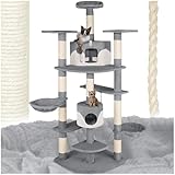 tectake® Katzen Kratzbaum groß, Katzenbaum mit Zubehör und Katzenspielzeug, XXL Katzenkratzbaum mit 2X Katzenhaus, Spielturm mit Kratzsäule, Kratzstamm aus Sisal - grau/weiß