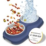 PETIPY Rutschfester Hundenapf/Katzennapf | Komfortabler Fressnapf für Hund und Katze mit 2x300 ml rostbeständigen Edelstahl-Schalen | Moderne Futterstation | Erhöhter Futternapf (blau)