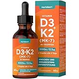 Vitamin D3 K2 Tropfen Hochdosiert | 60 ml | 2000 IU D3 + 12,5 µg K2 MK7 | Flüssige Tropfen | Knochengesundheit und Immununterstützung | von Horbaach