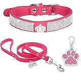 HALFSUMO Strass Hundehalsband Weicher Samt Leder Halsband Hundeleine Combo Set Niedliche Luxus Diamantbesetzt Bling Verstellbares Welpenhalsband für Kleine Mittelgroße Hunde Katzen Rose Rot XS