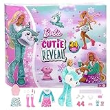 BARBIE Barbie Cutie Reveal Adventskalender - 24 Überraschungen, Puppe, Glitzerrentier, Winteroutfits, Accessoires, Minihaustiere, für Kinder ab 3 Jahren, HJX76