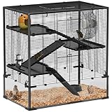PawHut Hamsterkäfig für Zwerghamster, 4-stufiges Nagerkäfig mit Glasboden, Hütte, Laufrad, Rampen, Futterschale, Kleintierkäfig Zwerghamsterkäfig 78,5 x 48,5 x 80 cm Schwarz